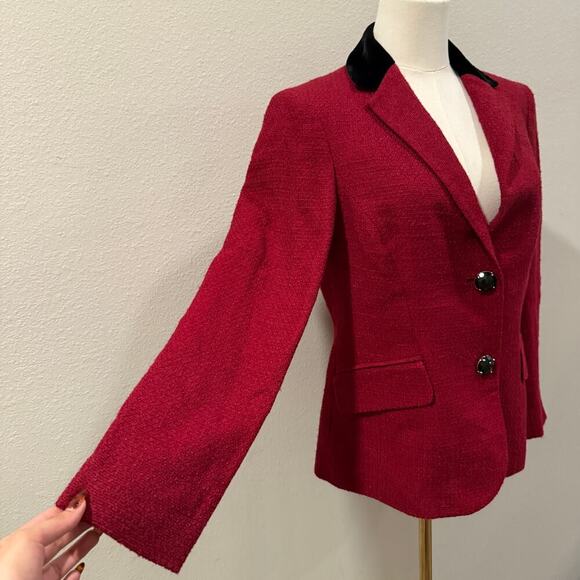 Anne Klein Burgundy Tweed Blazer Jacket Black Velvet Collar Women 6 Fall Office - Picture 3 of 8